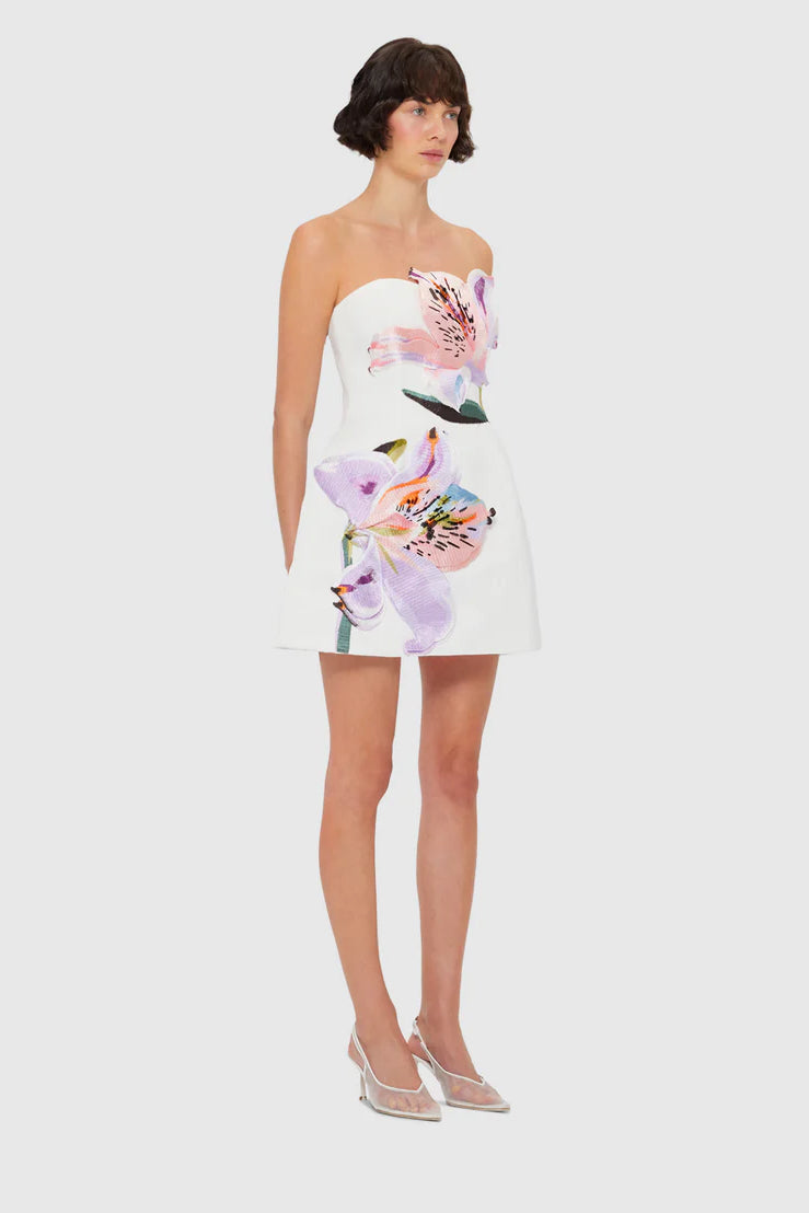 Leo Lin Rosario Appliqué Bustier Mini Dress - Lily Print in Snow