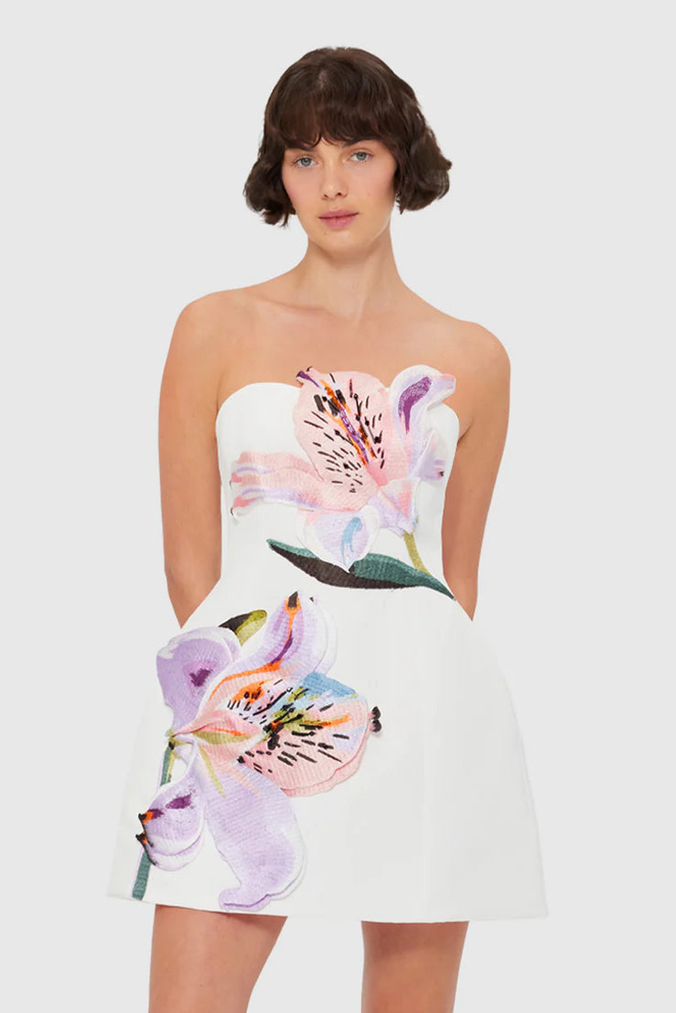 Leo Lin Rosario Appliqué Bustier Mini Dress - Lily Print in Snow