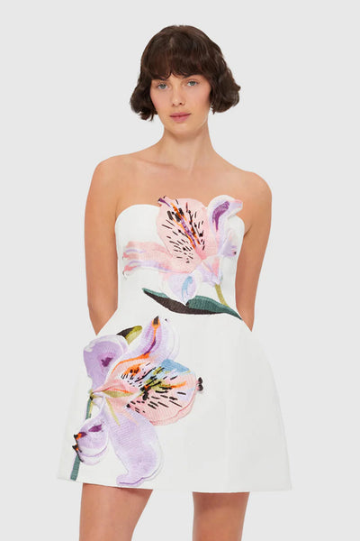 Leo Lin Rosario Appliqué Bustier Mini Dress - Lily Print in Snow