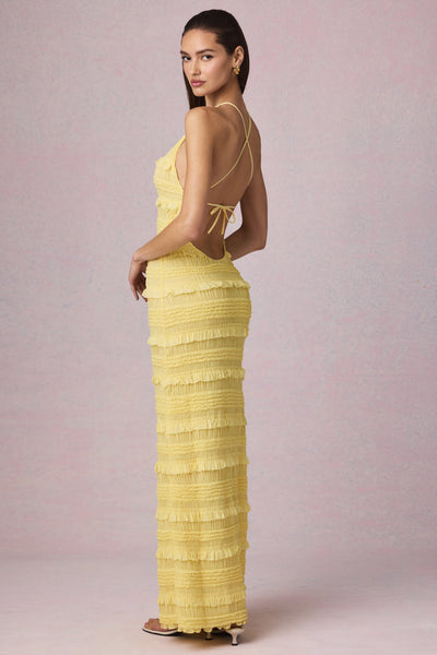 Ruffled Backless Halterneck Maxi Dress in Lemon Yellow