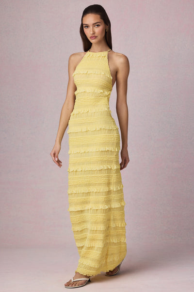 Ruffled Backless Halterneck Maxi Dress in Lemon Yellow
